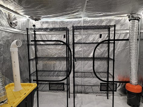 A green car garage door. An grow tent with empty racks. An empty garage with boxes and things.
