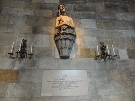 a huge gothic cathedral and photos of altars, sculptures, and architecture inside