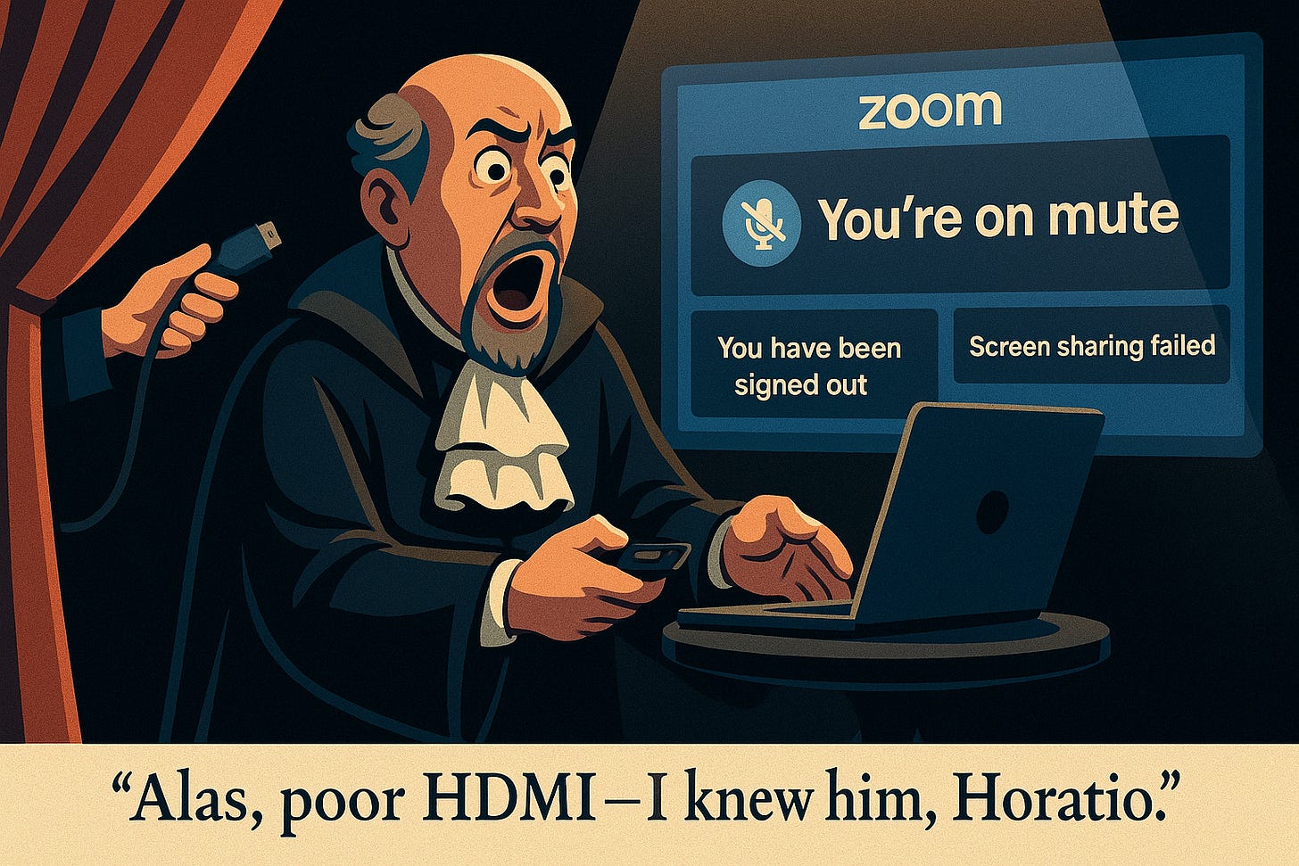 Be ready for "Alas, poor HDMI ... I knew him, Horatio" moments. Practice so you can command the room ... even when the laptop refuses.