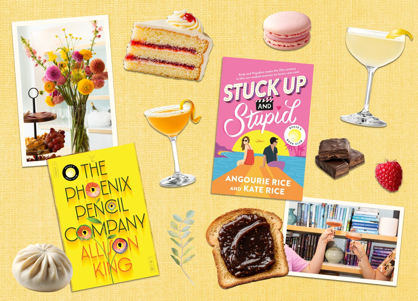 A collage of books, drinks, decor and food perfect for a vibey book club.
