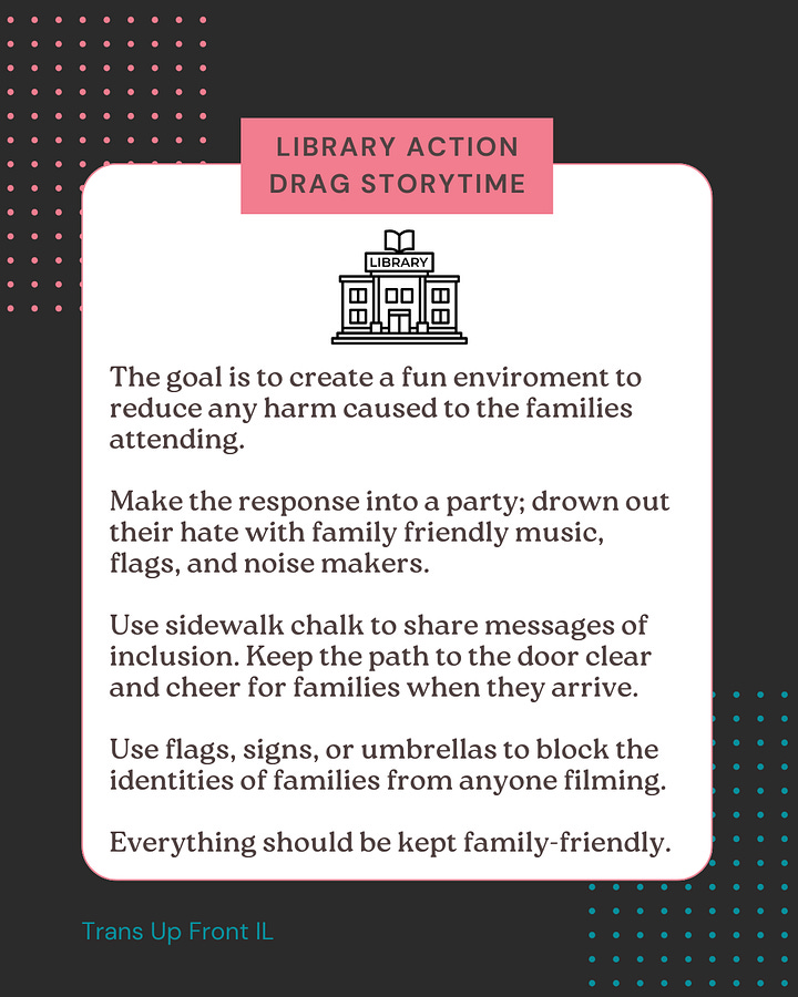 Dark colored background with pink and blue dot designs. White square in center with text: "Library Action Drag Storytime | What's happening: protesters are showing up to protest against library drag storytime. You're showing up to support the event and fight the message of hate. Impacted audience: families bringing their young children to the library. Who should join the action: community members and trained safety marshals. We do not recommend bringing your children with you if you are not going to the storytime itself. *Warning hate speech and sometimes aggressive behavior." Second image: Dark colored background with pink and blue dot designs. White square in center with text: "Library Action Drag Storytime | The goal is to create a fun environment to reduce any harm caused to the families attending. | Make the response into a party; drown out their hate with family friendly music, flags, and noise makers. | Use sidewalk chalk to share messages of inclusion. Keep the path to the door clear and cheer for families when they arrive. | Use flags, signs, or umbrellas to block the identities of families from anyone filming. Everything should be kept family-friendly."