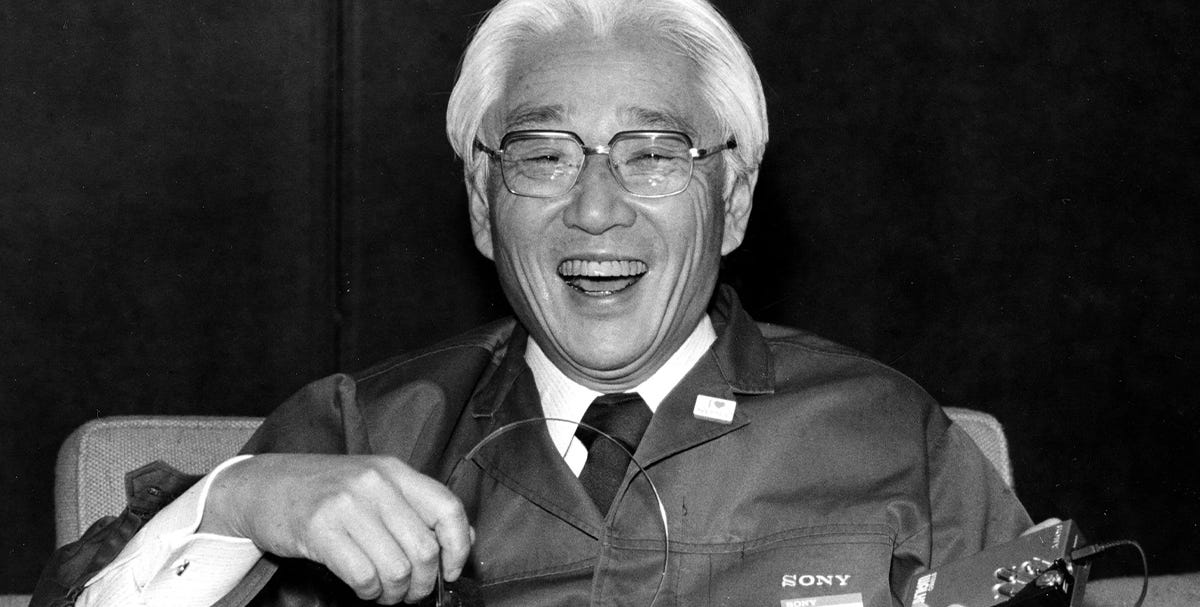 Sony history timeline Akio Morita with early Sony Walkman Sony history timeline Akio Morita with early Sony Walkman