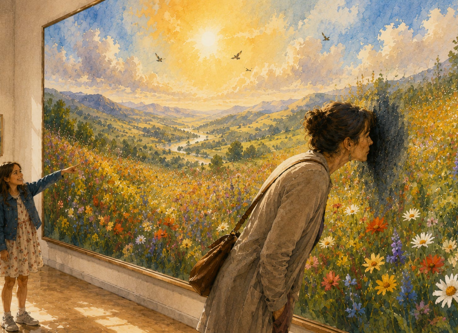 A woman stands close to a bright landscape painting, her nose against the canvas limits her perspective to only the black A woman stands close to a bright landscape painting, her nose against the canvas limits her perspective to only the black