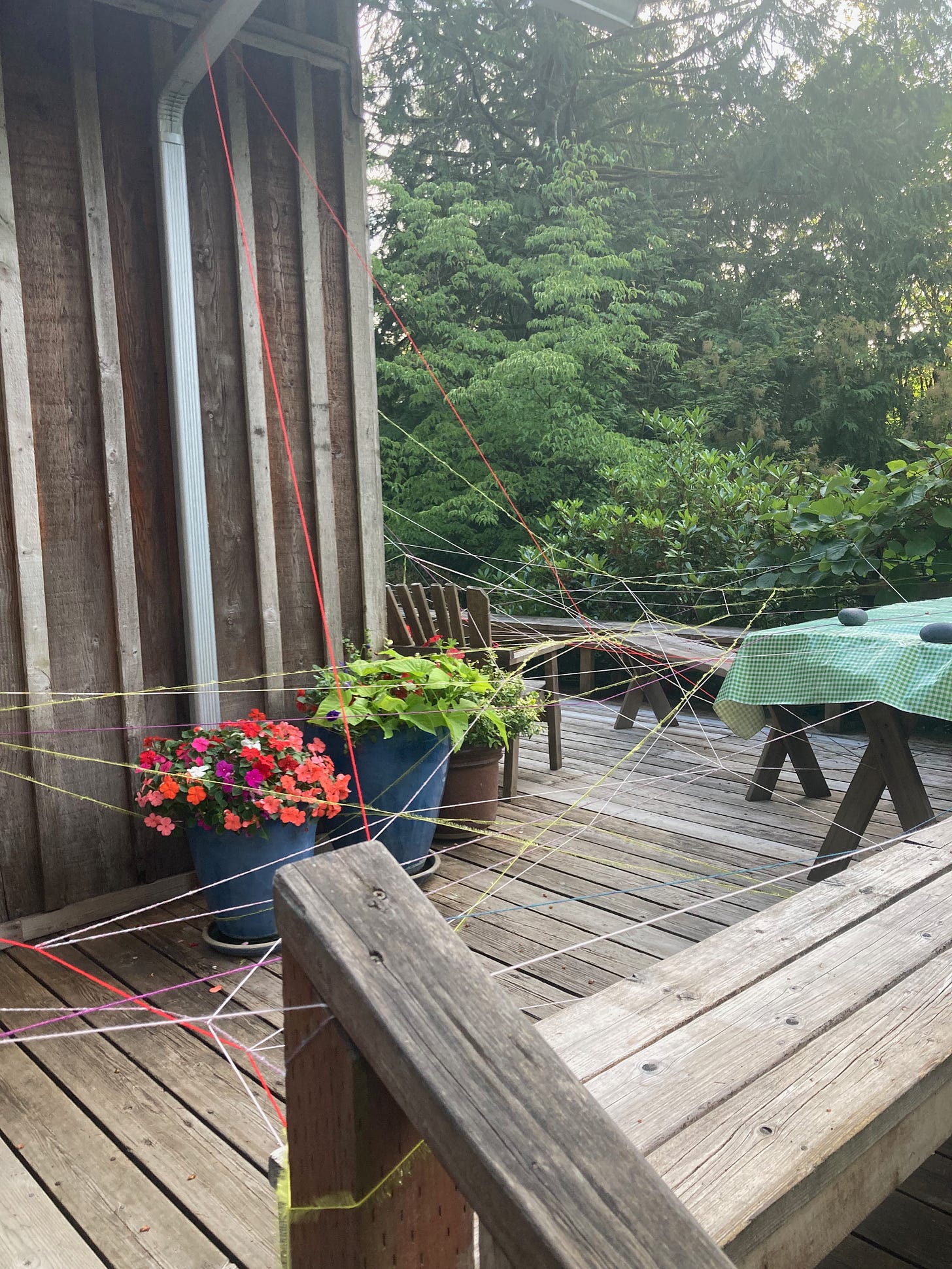 Different colored strands of yarn are woven through a patio, from its wall to its porch. There is a background of trees.