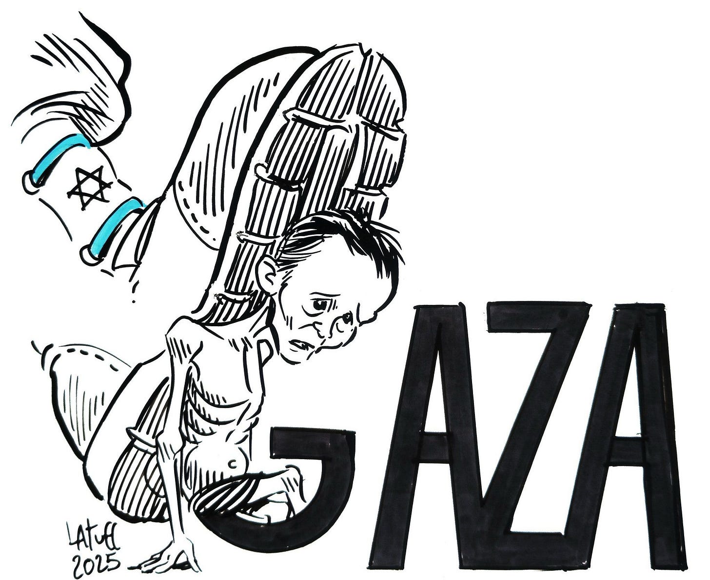 Credit: Artwork by Carlos Latuff for Mondoweiss.net, depicting a Gazan child dying from starvation beneath the boot of a soldier.
