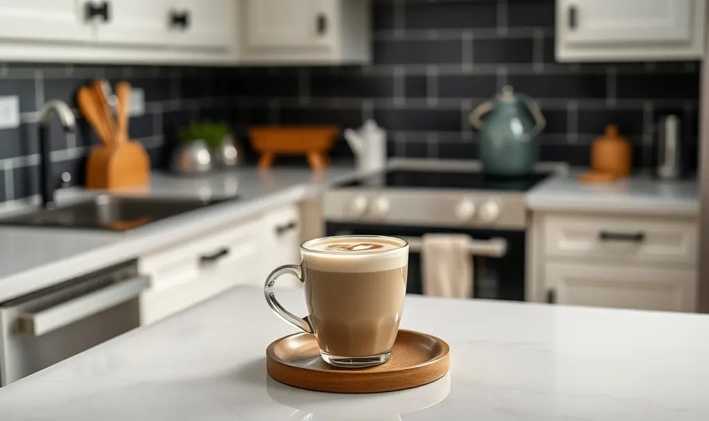 A single latte sits perfectly on a clean kitchen counter, symbolizing comfortable routines and the quiet feeling of settling in life.