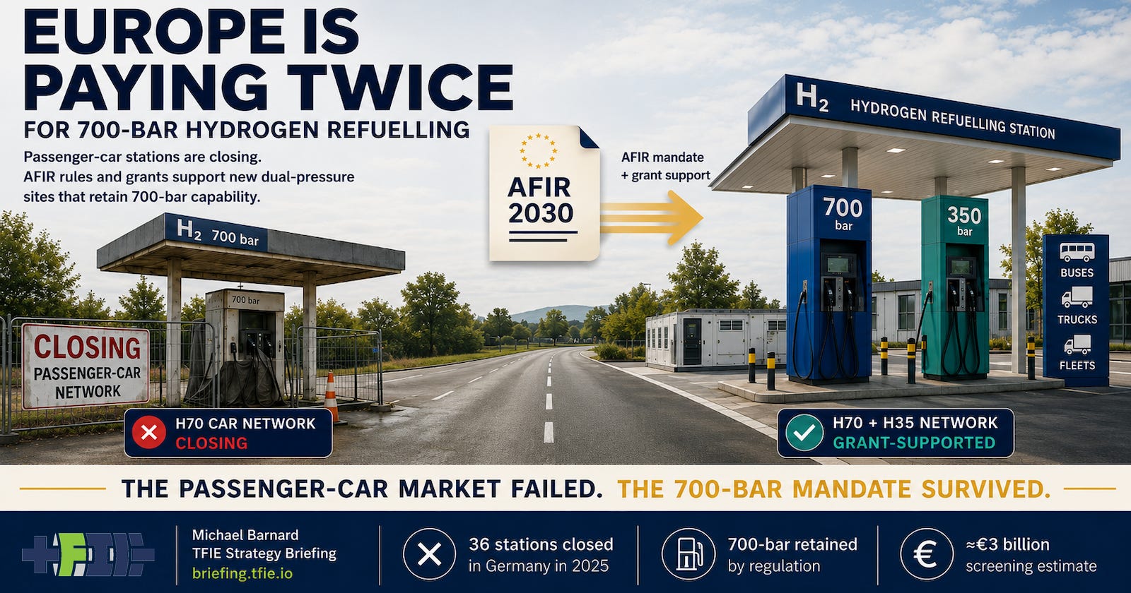A closed H70 car station contrasted with a grant-supported 700-and-350-bar replacement station. A closed H70 car station contrasted with a grant-supported 700-and-350-bar replacement station.