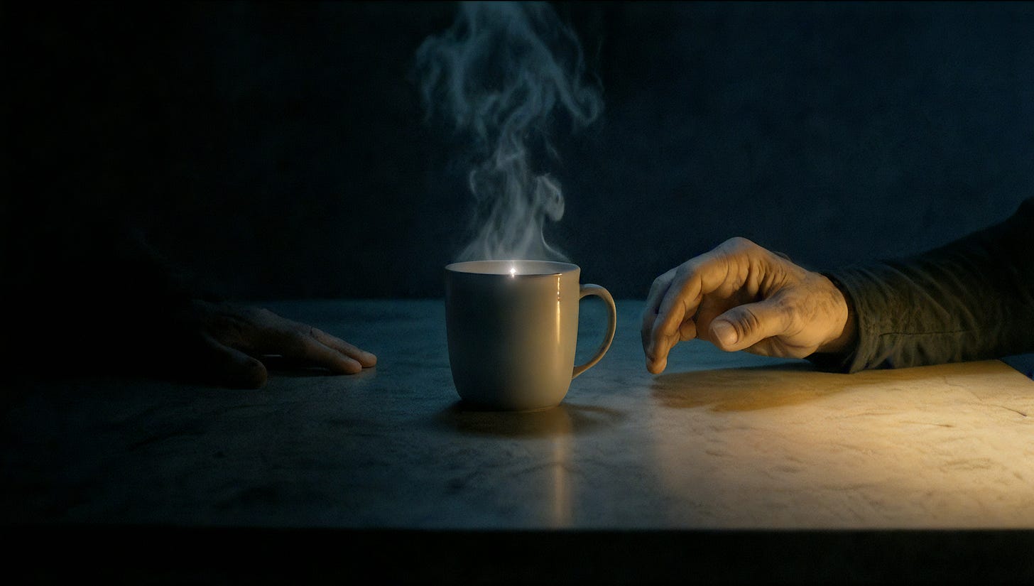 Two hands on a bare table lit by a glowing cup in blue darkness — one caught mid-tremor, the other flat, scarred, and perfectly still.