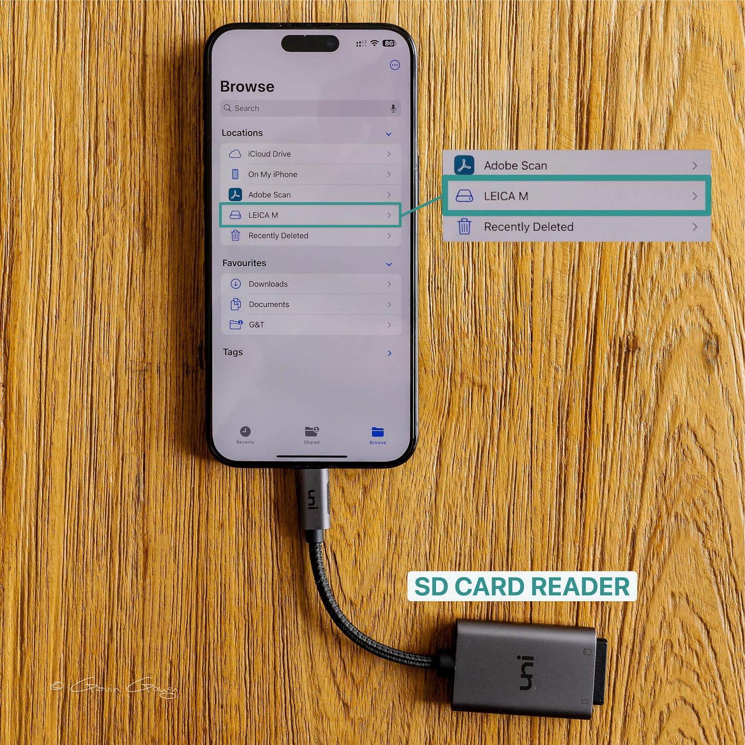 iPhone with SD card reader attached. The card shows up as Leica M in this example.