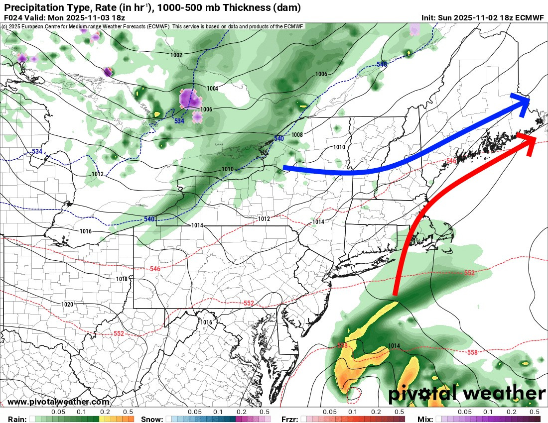 May be an image of map and text that says 'Precipitation Type, Rate (in hr'), 1000-500 mb Thickness (dam) F024 2025- 2025-11-03 11-03 c)2025Eupean Centrefo Medum- Weather Farecasts (ECMWF) This service based and data taa 品 and products ofthe ECMWF. Init: Sun 2025- InitSun2025-11-0218ZECMWF 2025-11-02 1-02 18z ECMWF 1004 1006 1008 1012 1010 546" 1020 Rain: www.pivotalweather.com/ 0.05 0.1 0.2 0.5 Snow: 0.05 0.1 0.2 0.5 Frzp 0.05 0.1 Mix: piy#tal piyoialweather wea ther 0.2 0.5 0.05 0.1 0.20.5 0.2 0.5'