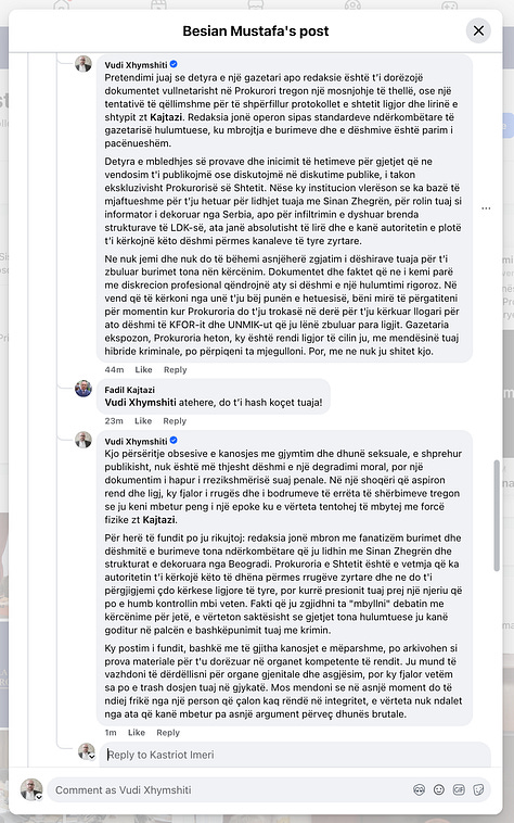 Komentet e dokumentuara të Fadil Kajtazit në postimin e Besian Mustafës.