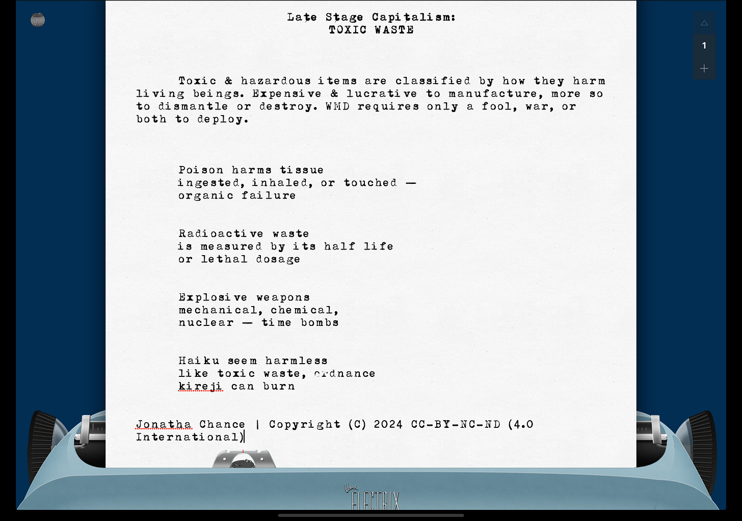 Image of four part haiku rendered by Hanx typewriter app.