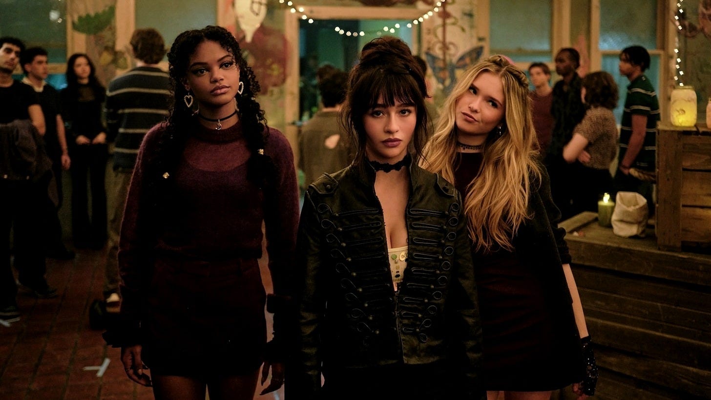 Jordan Leftwich as Sasha, Malina Weissman as Briar and Ora Duplass as Tegan in Coven Academy. Image: Disney Jordan Leftwich as Sasha, Malina Weissman as Briar and Ora Duplass as Tegan in Coven Academy. Image: Disney