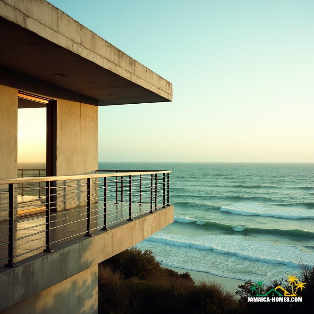 A sleek, modern home with stainless steel railings and weathered concrete walls, set against the turquoise ocean, waves gently lapping at the shore. The structure's clean lines and minimalist aesthetic are juxtaposed with the rugged, windswept coastline, emphasizing the durability of the corrosion-resistant materials. The warm, golden light of a setting sun casts a long shadow across the facade, accentuating the texture of the concrete and the metallic sheen of the railings. In the background, the ocean stretches out to the horizon, a vast expanse of blue-green water meeting the sky at a subtle, cinematic curve. Shot on 35mm film, the image features a pronounced film grain, a shallow depth of field, and a soft vignette, evoking the feeling of a classic, cinematic film still. 