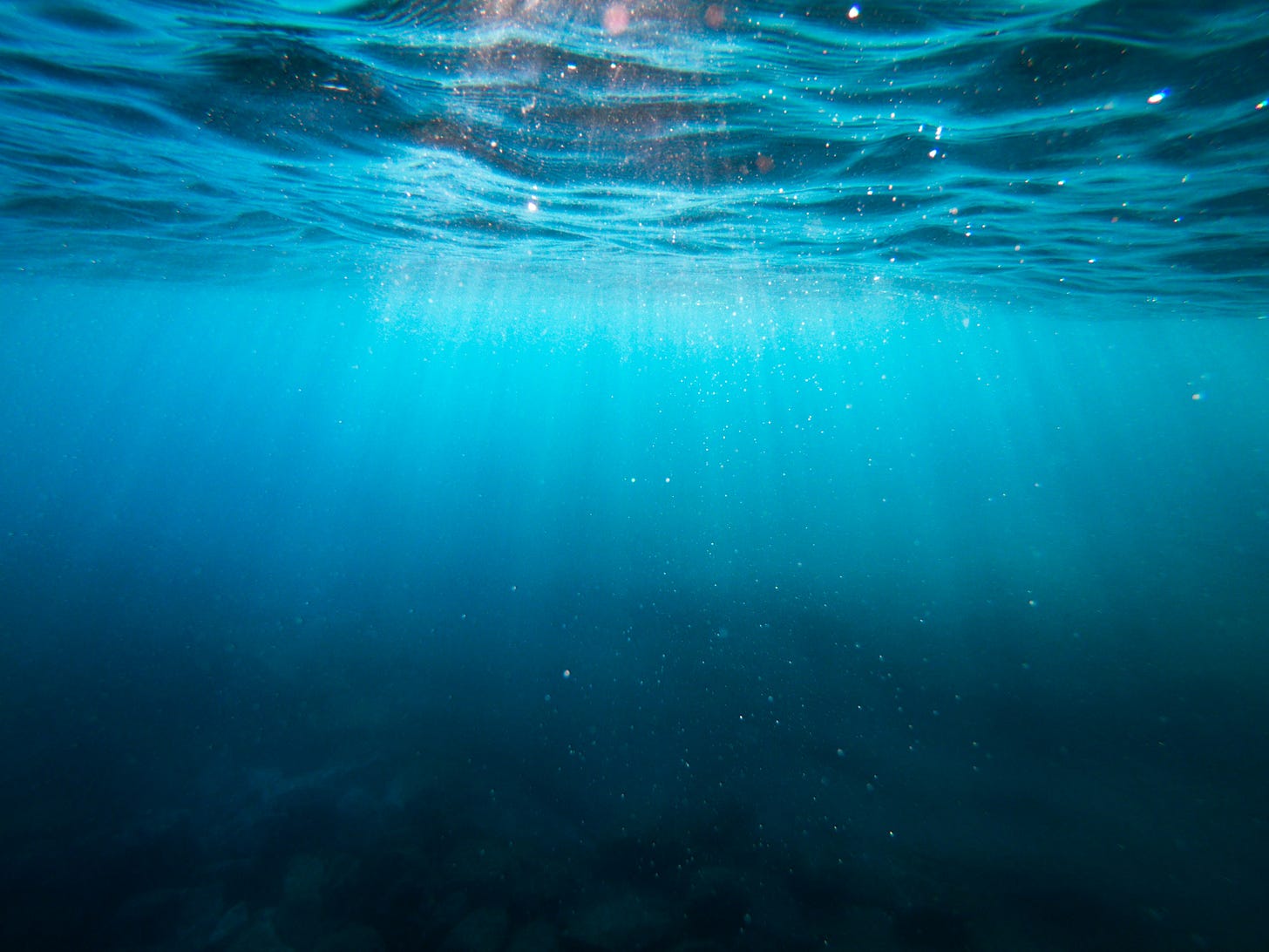 An underwater photo of a clear blue ocean with sunlight streaming through the surface