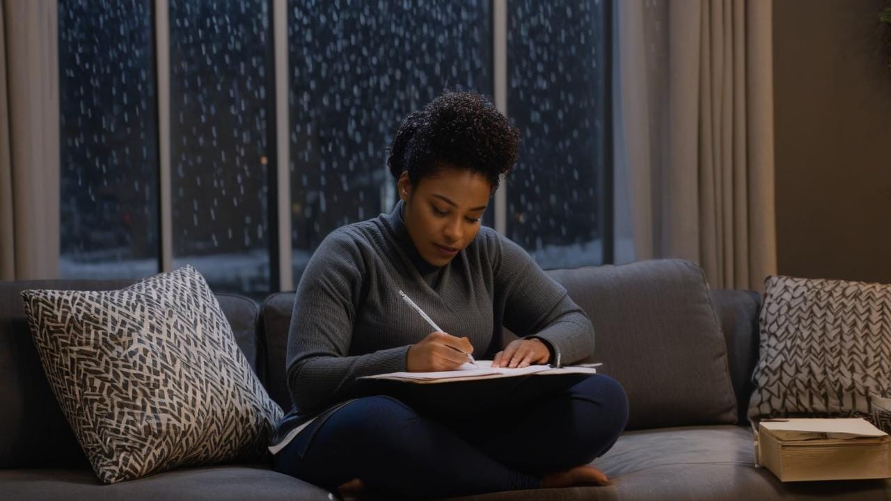 African American woman sitting in an urban  room sitting on the couch while writing a letter with a wintry rain night no tree
