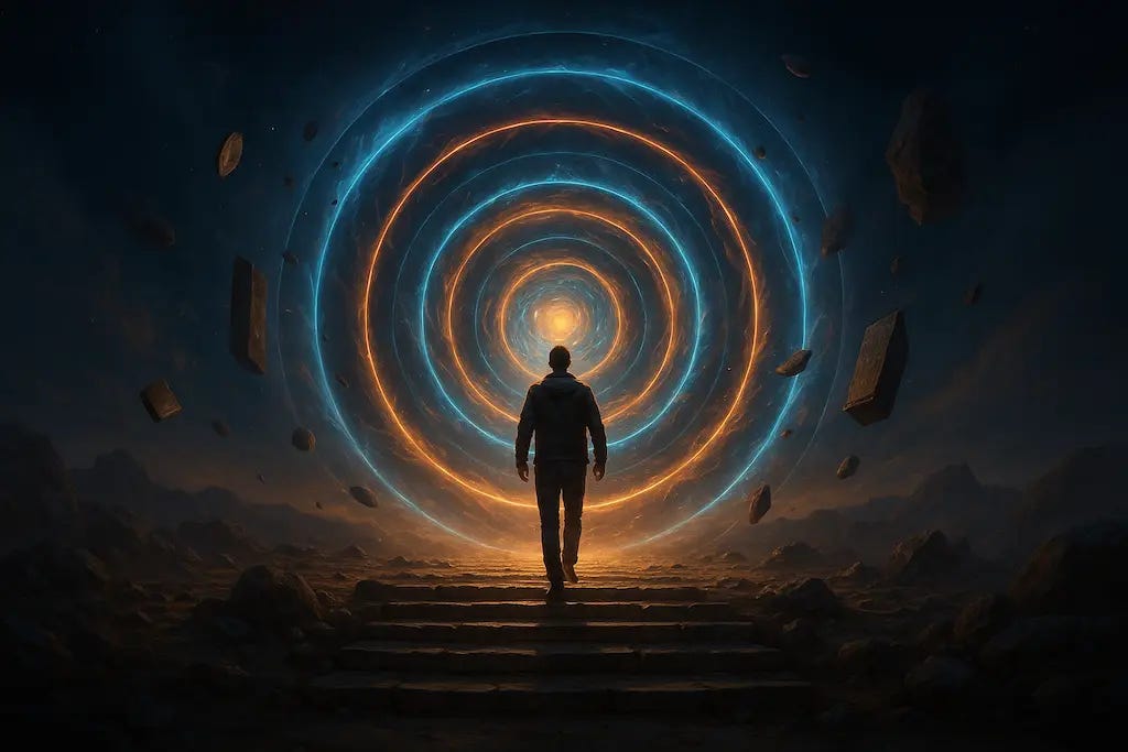 Figura humana prestes a entrar em um portal temporal com cinco camadas concêntricas de energia azul e laranja, rodeado por fragmentos flutuantes representando diferentes linhas do tempo em uma paisagem rochosa e mística.