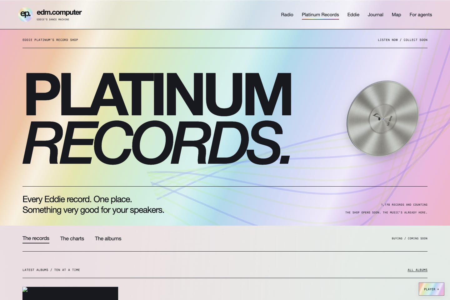 The Platinum Records page uses foil colors, a metallic disc and a grid of releases. The Platinum Records page uses foil colors, a metallic disc and a grid of releases.