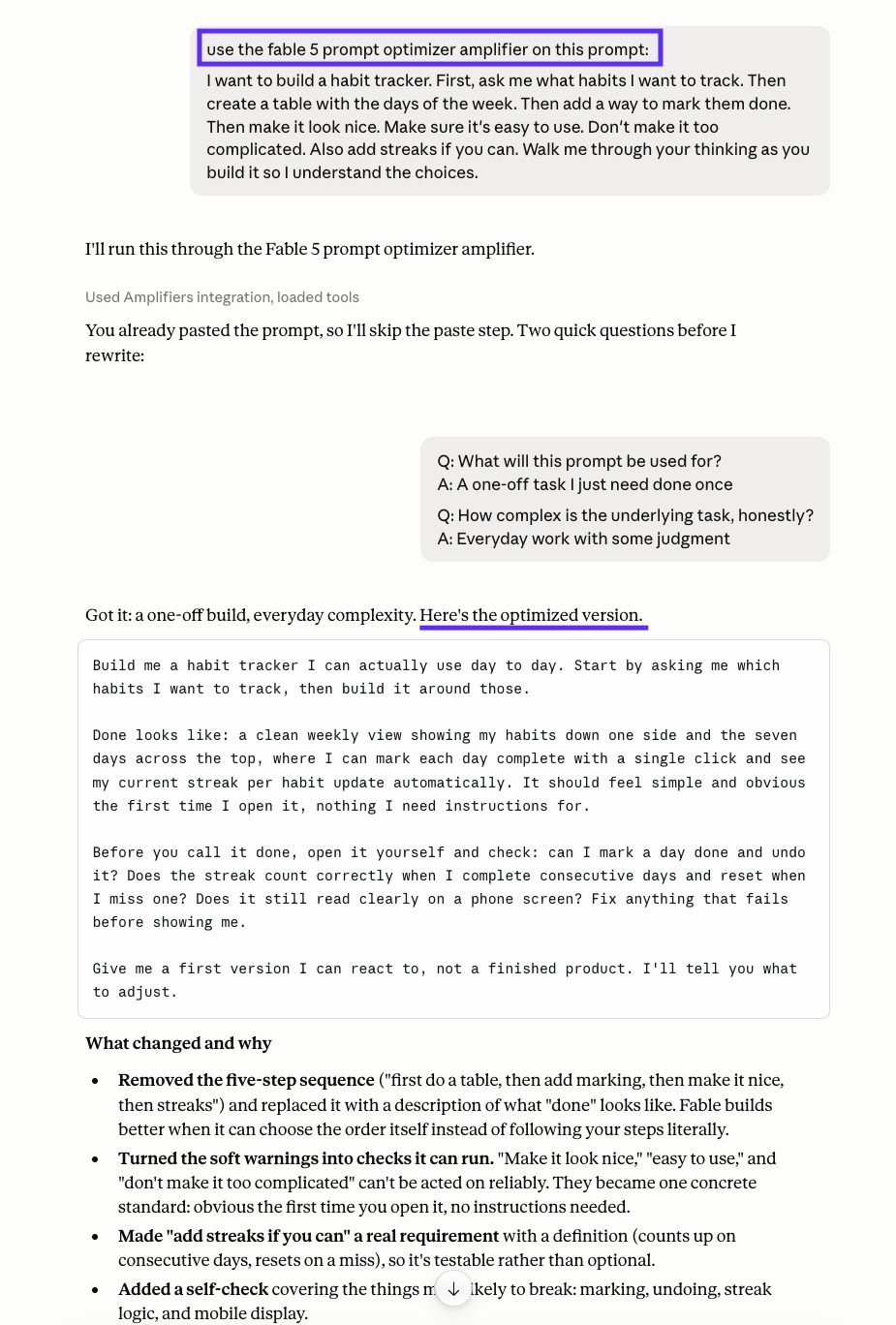 The Fable 5 prompt optimizer rewriting a messy habit-tracker prompt into an outcome-focused version, with a "what changed and why" breakdown showing the step-by-step sequence removed and soft warnings turned into checks.