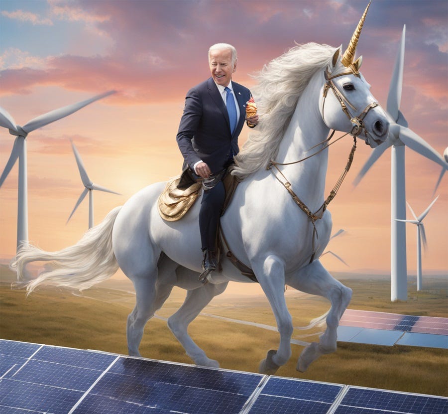 Joe Biden enjoys an ice cream cone as he rides a unicorn through a solar farm, with wind turbines in the background Joe Biden enjoys an ice cream cone as he rides a unicorn through a solar farm, with wind turbines in the background