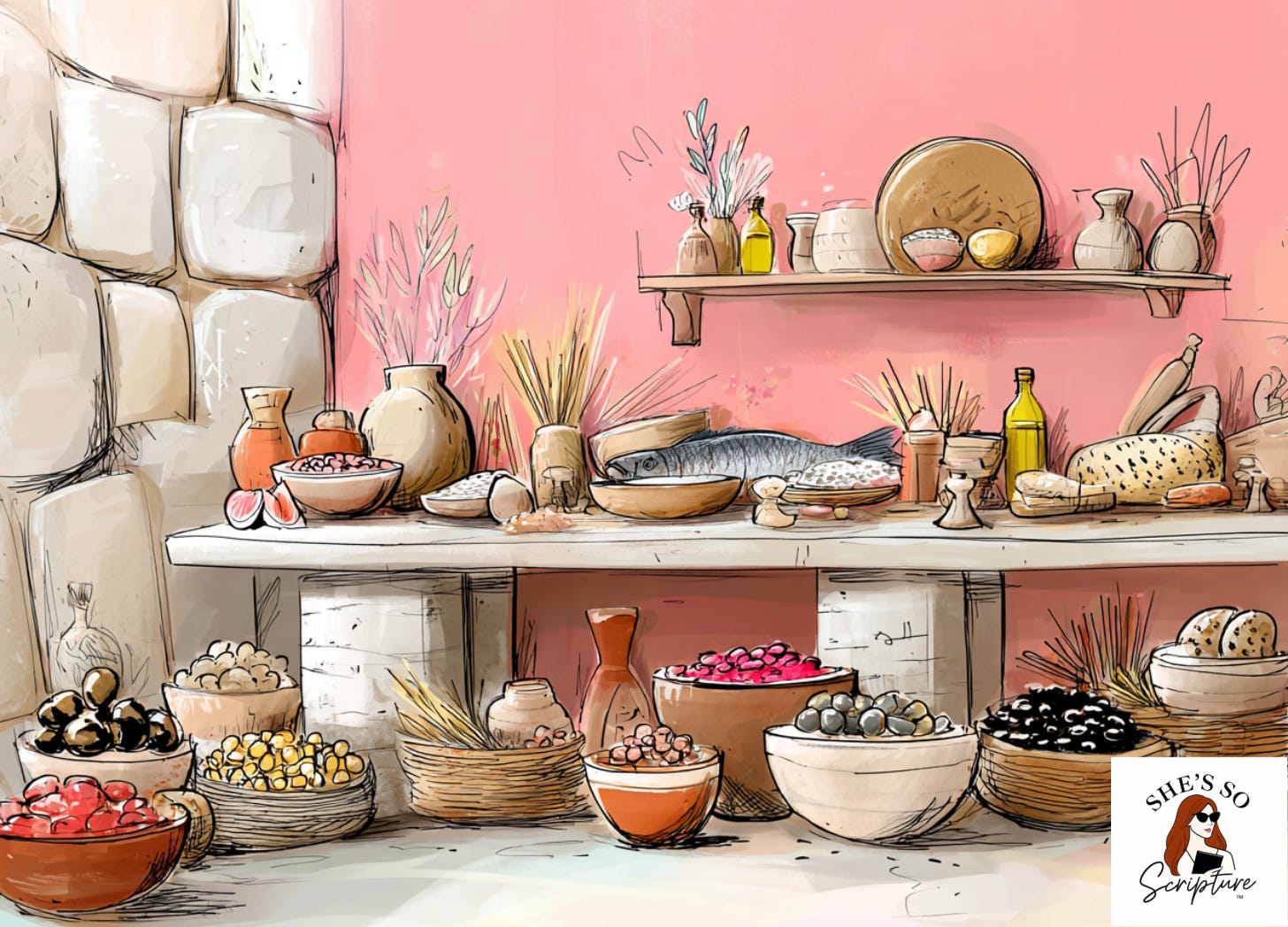 Watercolor illustration of an ancient Israelite kitchen with baskets of clean foods, representing the biblical dietary laws.