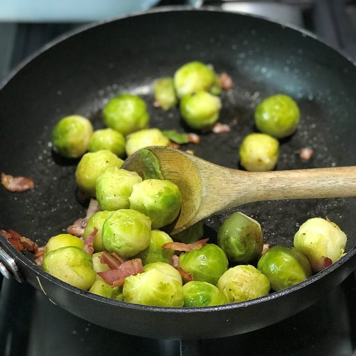 Pan fry the sprouts until nutty Pan fry the sprouts until nutty