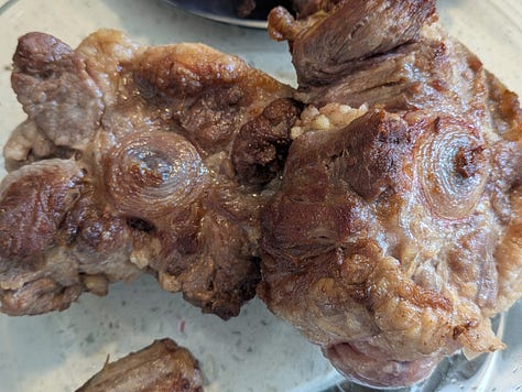 Browned meats. Carrots and celery softening.