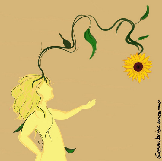 desenho digital de uma figura humana sem rosto, feminina, de cor amarela, e um braço estendido para frente. de sua cabeça, está brotando uma gigantesco girassol. no canto inferior, lê-se @essabrisamesmo