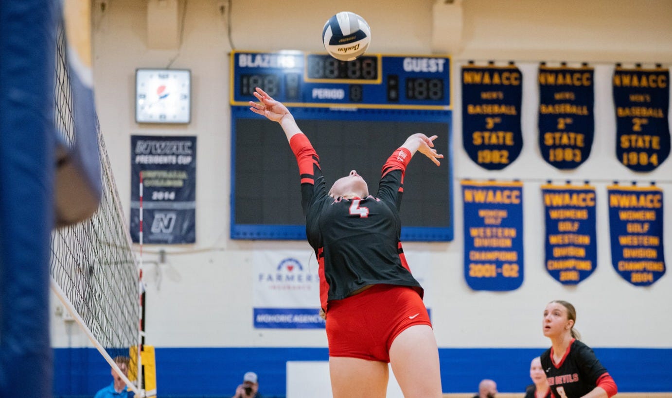 Lower Columbia’s Karissa Otterstetter bumps the ball to Lexi Knezevic during a match at Centralia College on Wednesday, Sept. 24, 2025. Lower Columbia’s Karissa Otterstetter bumps the ball to Lexi Knezevic during a match at Centralia College on Wednesday, Sept. 24, 2025.