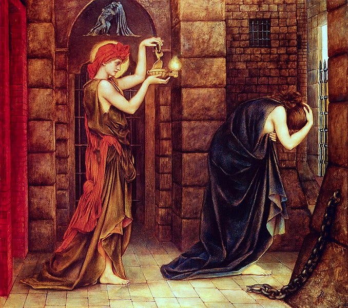 A painting of a person holding a lamp and a person holding a lamp

Description automatically generated