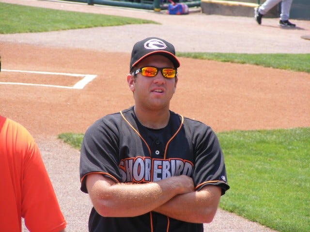One of the fan-friendliest of the Shorebirds, Cliff Flagello chats up the crowd before a recent game. One of the fan-friendliest of the Shorebirds, Cliff Flagello chats up the crowd before a recent game.
