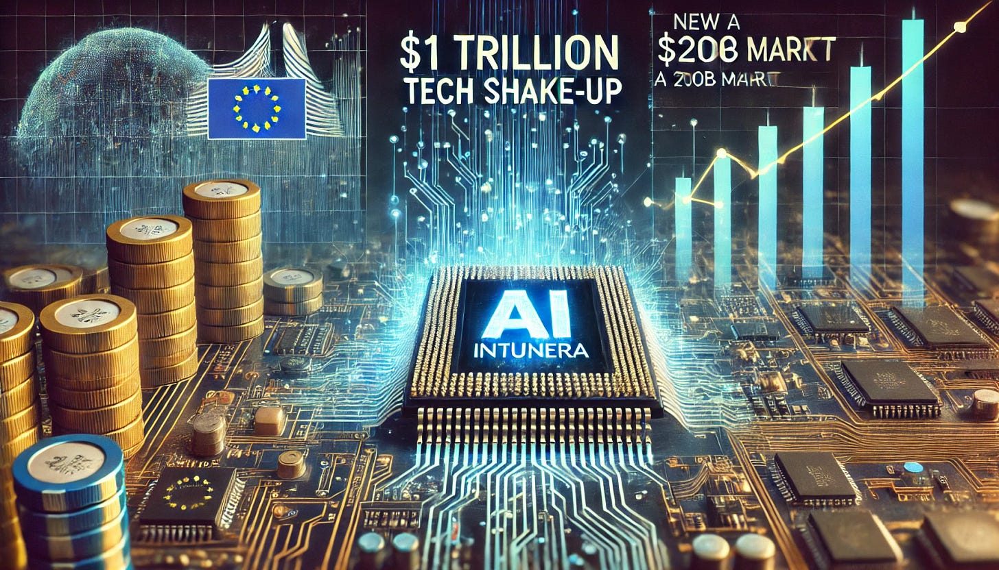 A futuristic digital landscape representing the $1 trillion tech shake-up. The image features AI-driven circuit boards, glowing neural networks, and financial graphs rising upward. In the background, a European Union emblem subtly integrated, symbolizing the new AI Act. A microchip labeled 'Innatera' prominently positioned, highlighting its connection to a $200B market. The overall theme is high-tech, innovation-driven, and forward-looking, with a sleek, modern aesthetic.