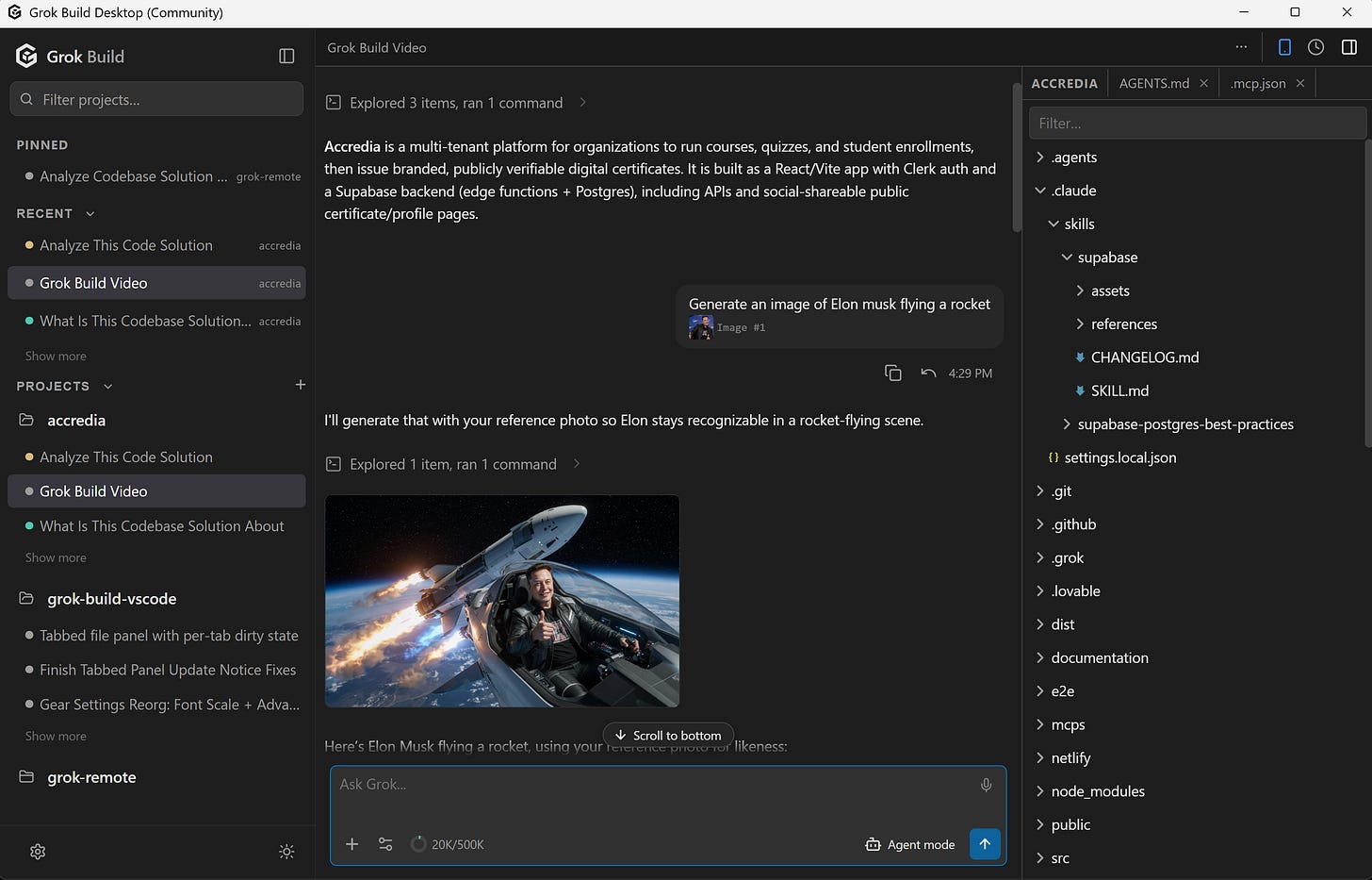 Grok Build Desktop (Community) on Windows: the projects rail on the left, a conversation with an image generated inline in the middle, and the project file tree with open file tabs on the right Grok Build Desktop (Community) on Windows: the projects rail on the left, a conversation with an image generated inline in the middle, and the project file tree with open file tabs on the right