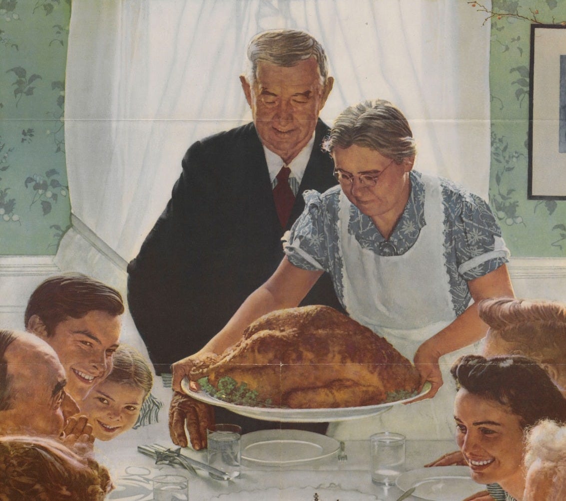 Freedom from Want vintage art poster by artist Norman Rockwell showing family celebrating thanksgiving with large roast turkey