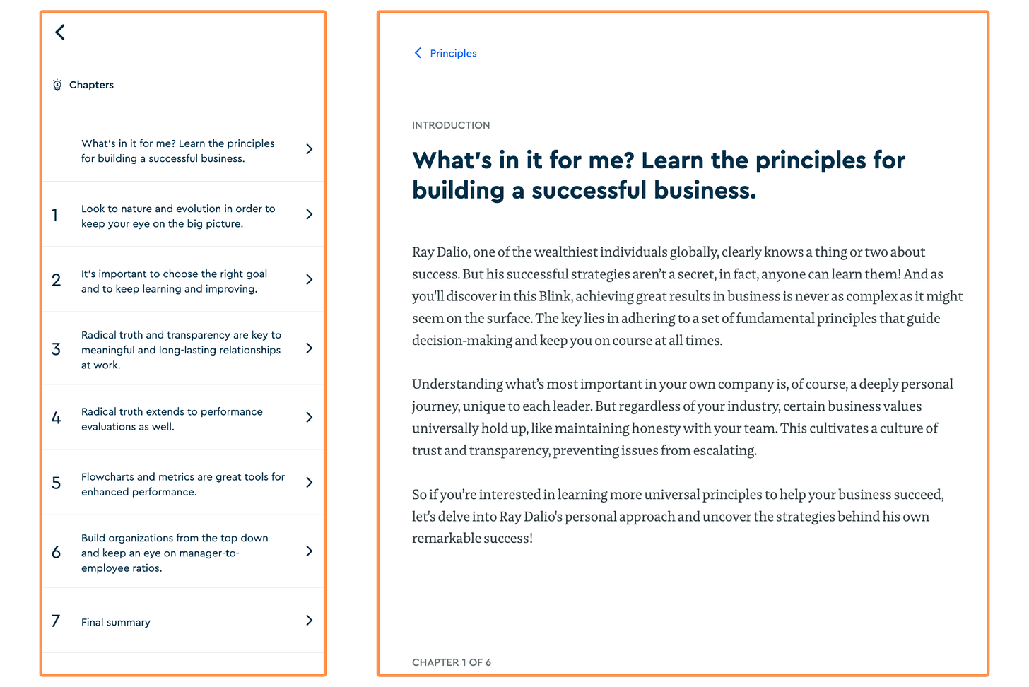 Blinkist’s “key ideas” for the book Principles (desktop view + light mode) Blinkist’s “key ideas” for the book Principles (desktop view + light mode)