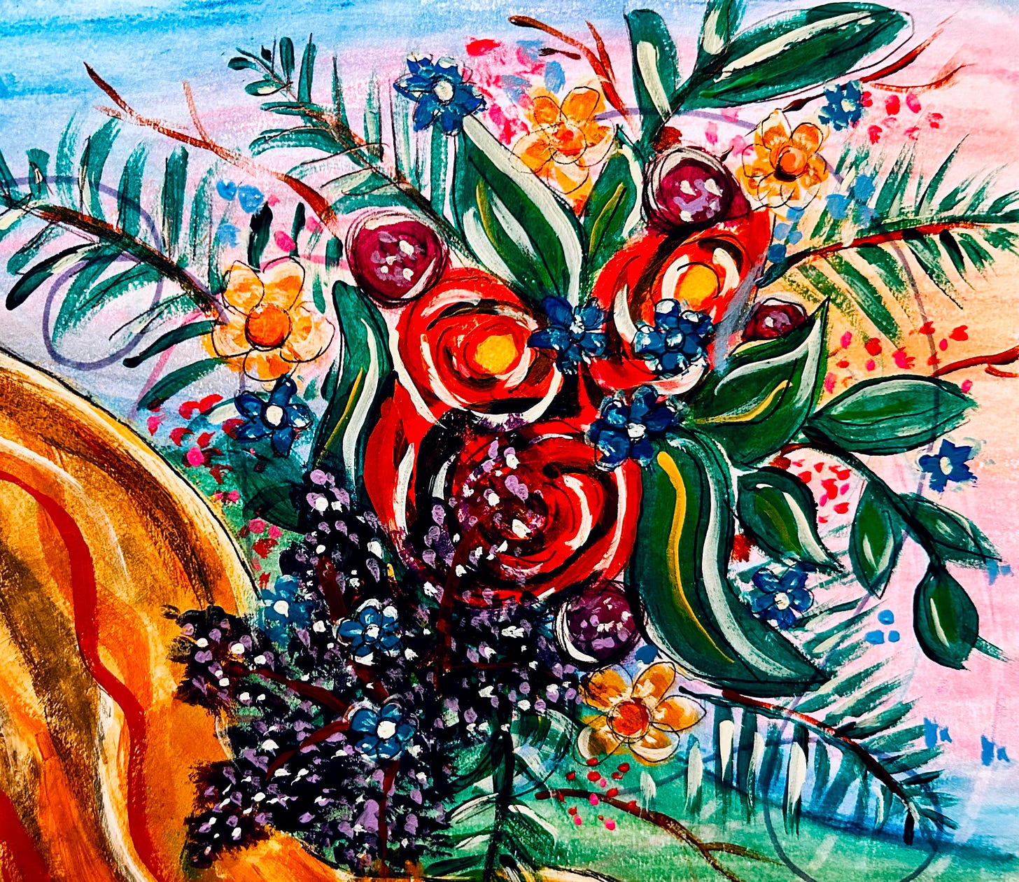 Behind every veil is a wild, vibrant, and diverse garden. Integrative Art Journal Reflections page by Melissa Halbert. Image is an acrylic painting with a watercolor background of a veil or may appear to be a tree truck with a wild garden looming just behind it in the background, or a vibrant bouquet of colorful flowers.