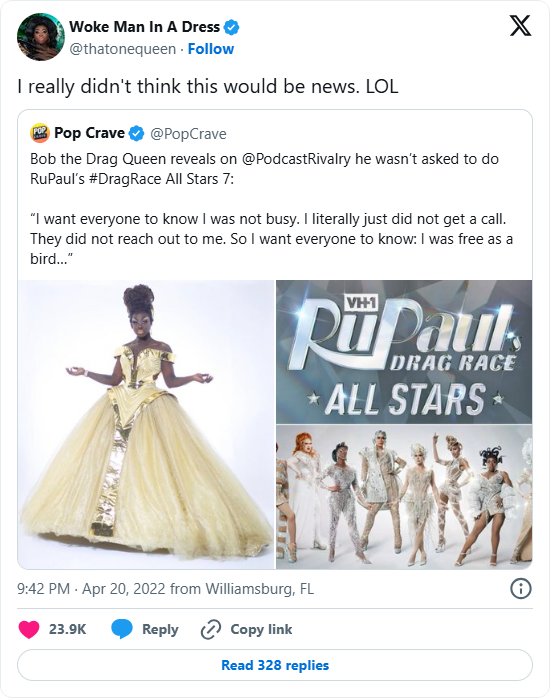 Tweet from Bob the Drag queen saying "I really didn't think this would be news. LOL." in response to a tweet from Pop Crave about her not being asked to do All Stars 7