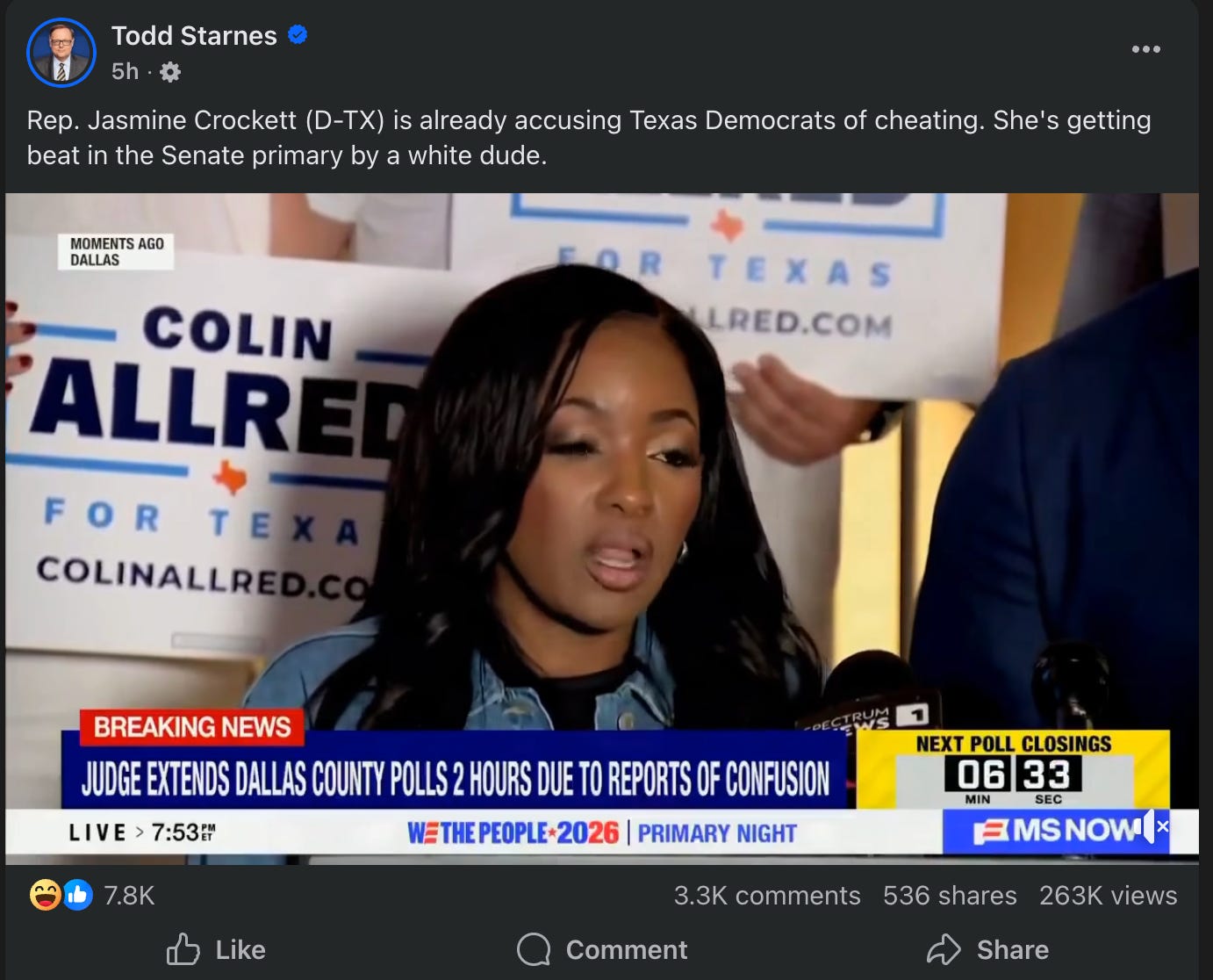 Starnes on Facebook: Rep. Jasmine Crockett (D-TX) is already accusing Texas Democrats of cheating. She's getting beat in the Senate primary by a white dude. Starnes on Facebook: Rep. Jasmine Crockett (D-TX) is already accusing Texas Democrats of cheating. She's getting beat in the Senate primary by a white dude.