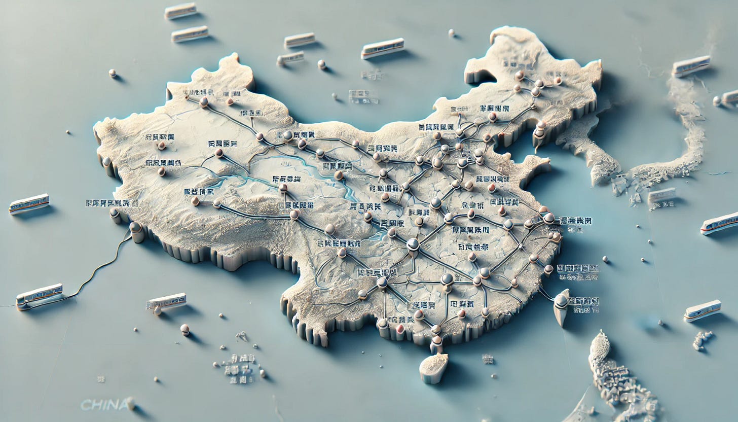 A wide aspect ratio image showing a map of China, highlighting all cities that have a metro rail system. The map should be realistic, with each city represented by a dot or marker. These markers should be clearly visible and evenly spaced, showing the distribution of metro systems across the country. The map should include major geographical features for context and be designed in a modern and informative style, emphasizing urban development and connectivity.