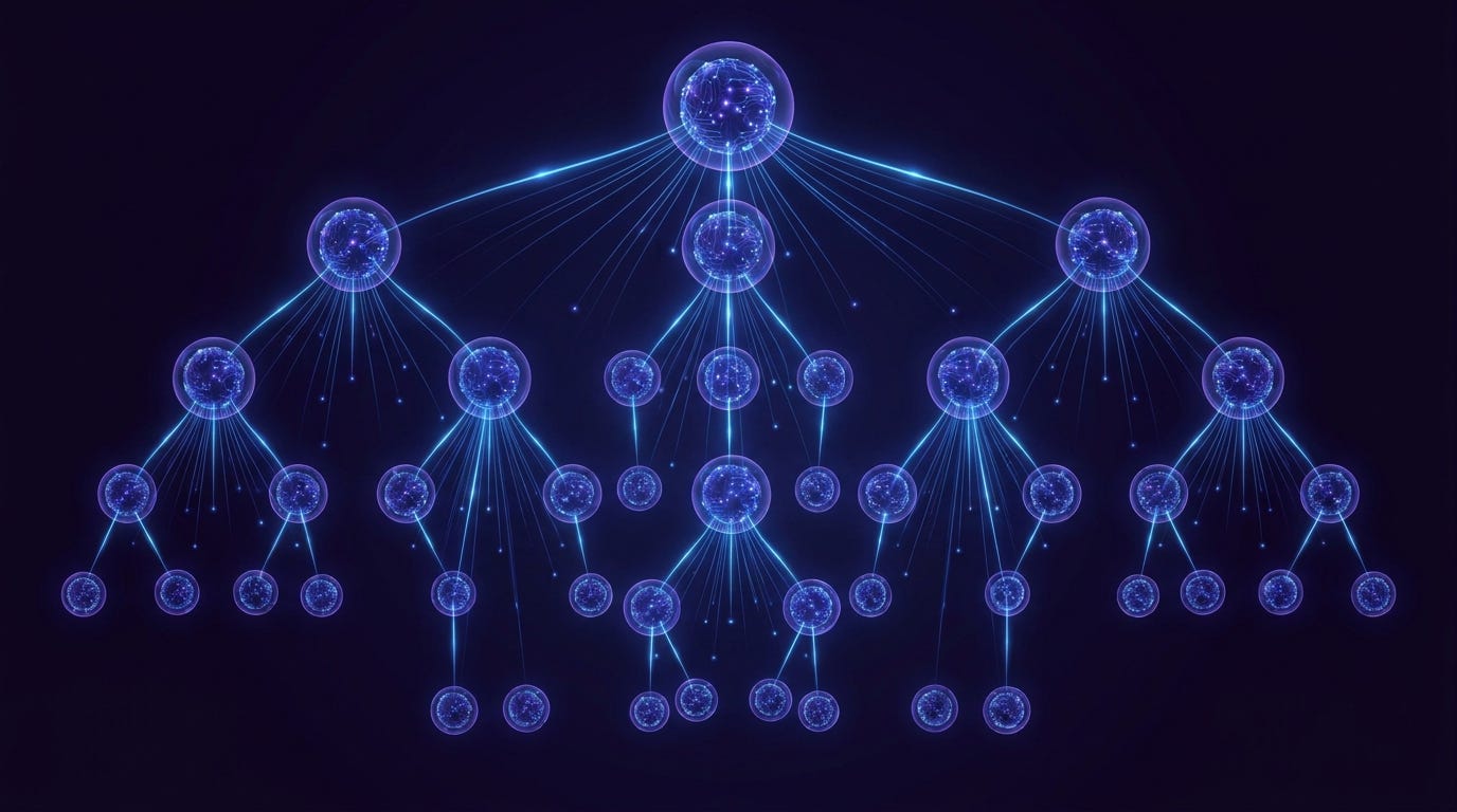 AI Agents hierarchical architecture: five-level Claude Code delegation tree with electric blue data flow lines on deep indigo, showing subagent spawning depth and fallback model routing AI Agents hierarchical architecture: five-level Claude Code delegation tree with electric blue data flow lines on deep indigo, showing subagent spawning depth and fallback model routing
