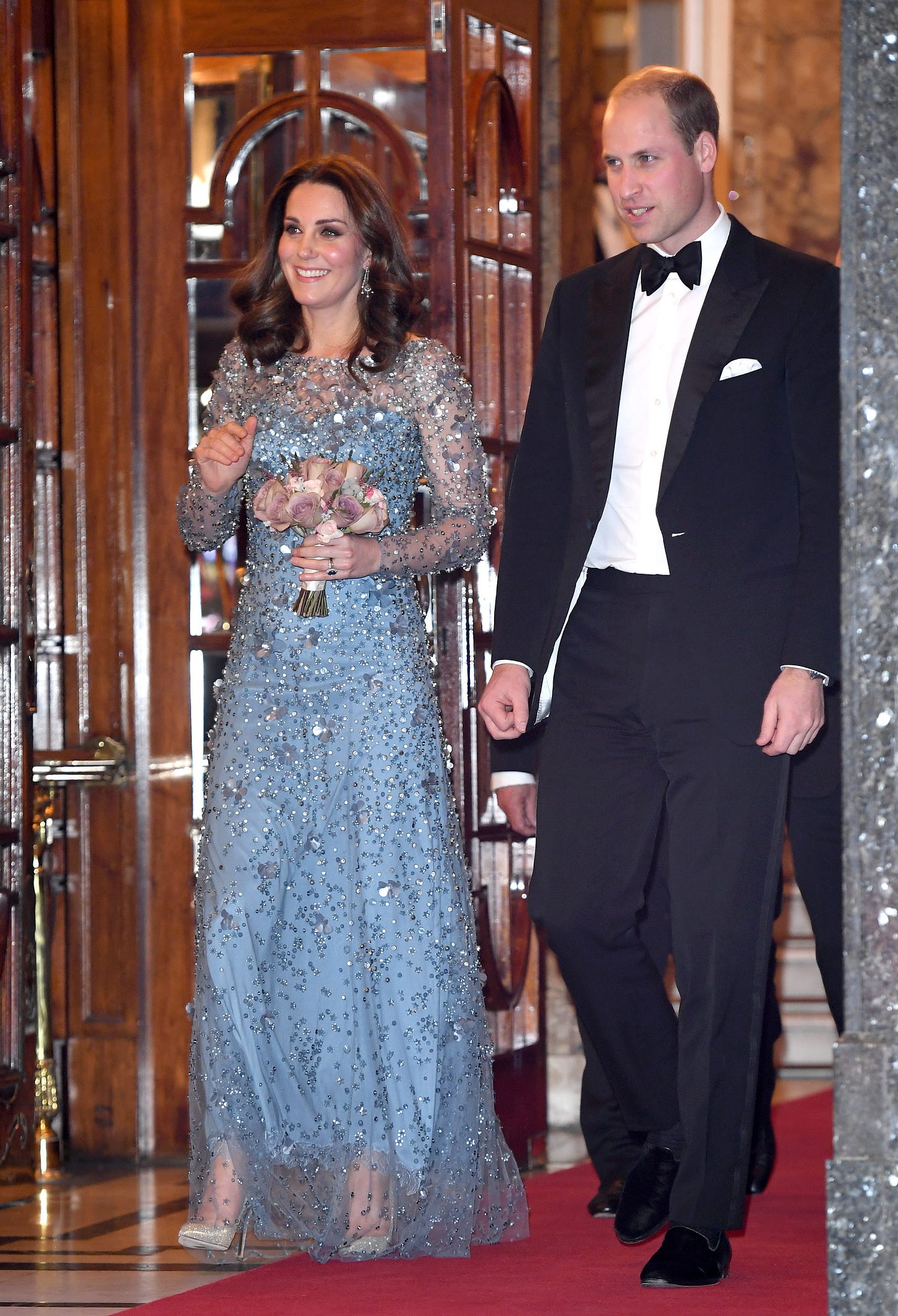 Kate Middleton wearing a blue embellished Jenny Packham dress for Royal Variety Performance 2017