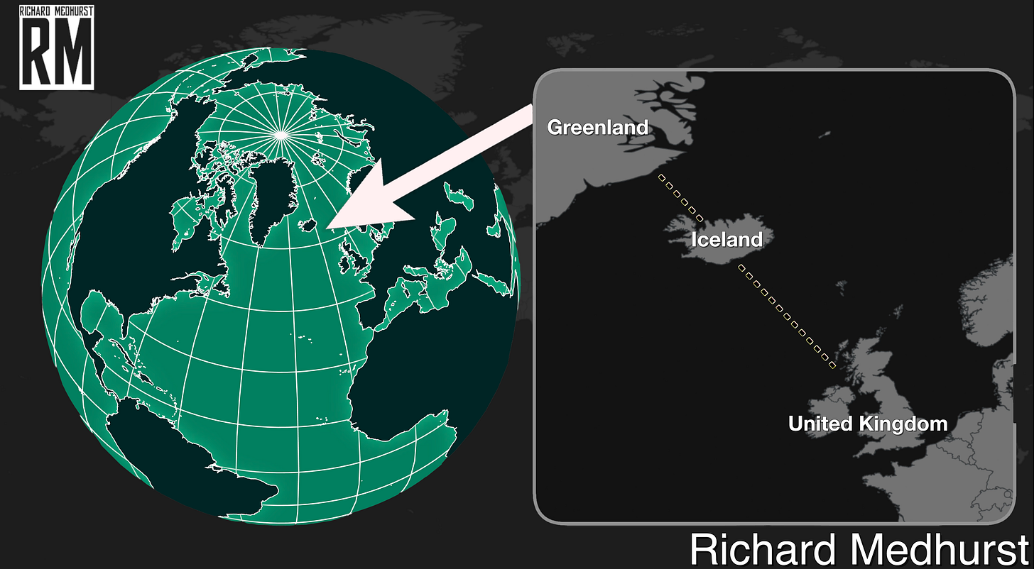 "Peta strategis koridor Greenland-Islandia-Inggris Raya (GIUK) yang menunjukkan blokade angkatan laut Operasi Arctic Sentry terhadap kapal tanker minyak dan gas Rusia."