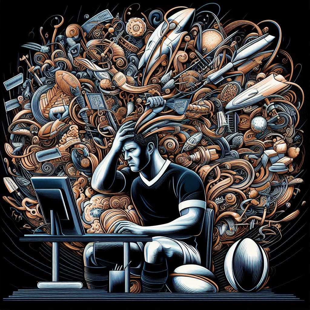 Craft an image that vividly portrays a rugby player seated at a computer, struggling to concentrate due to mental clutter and rushing thoughts. The player should be in his rugby attire, hinting at his sports background. Surround his head with swirling, chaotic symbols and visual representations of distractions and stressors, creating a tangible contrast between the physicality of rugby and the mental challenge of writing. The computer screen should glow softly,