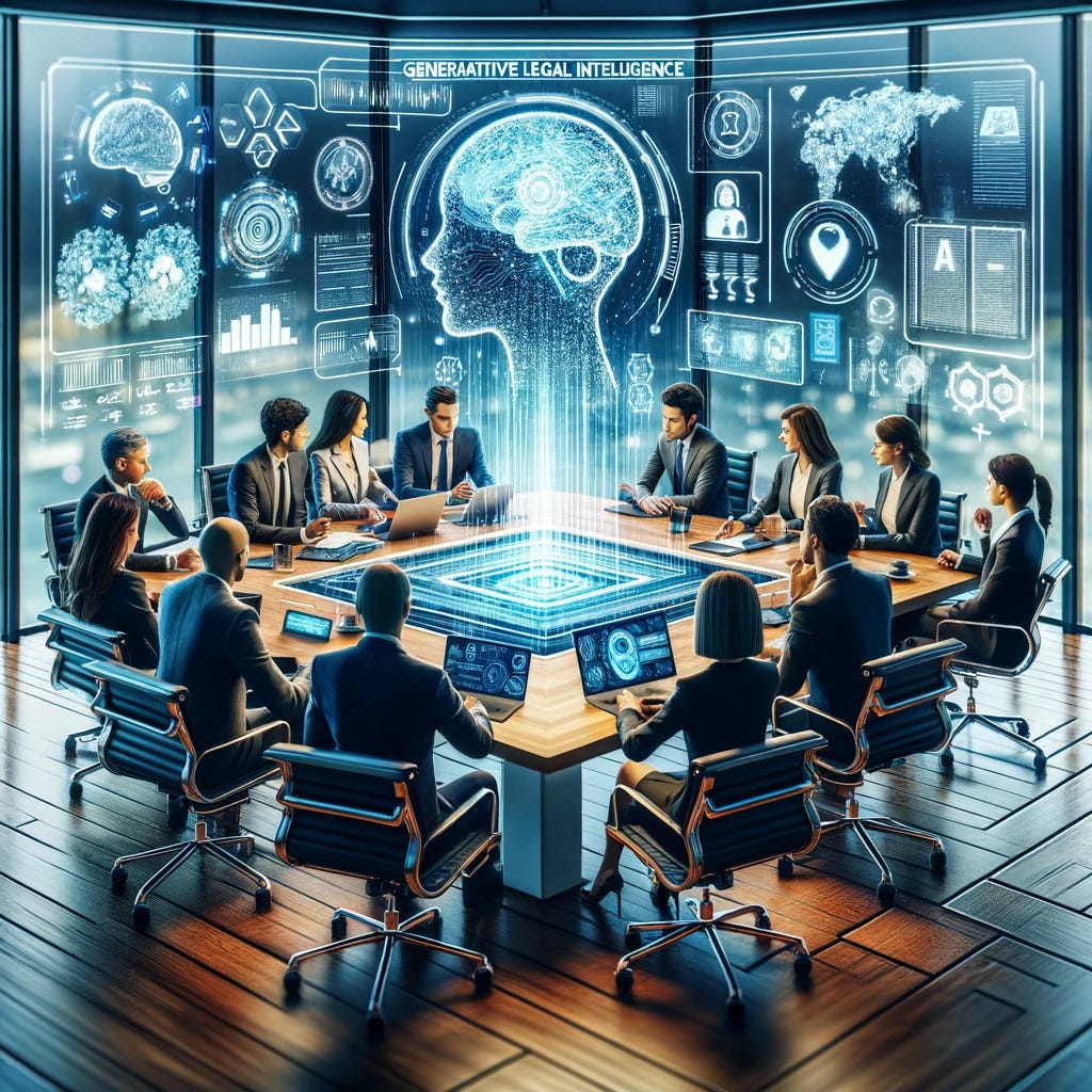 Visualize a group of in-house legal professionals from globally recognized companies like Intel, Adobe, and Ford gathered around a modern, high-tech conference table. They are engaging in a productive and collaborative discussion on the implementation and ethical considerations of generative artificial intelligence in the legal sector. The scene includes digital screens displaying AI concepts and legal documents, emphasizing a forward-thinking and innovative atmosphere. The group is diverse, representing different aspects of the legal and tech industries, and they are surrounded by technology that symbolizes the cutting edge of legal tech innovations, such as AI chat interfaces and data analytics tools. The environment is professional yet inviting, showcasing a blend of legal expertise and technological advancement aimed at harnessing the potential of AI to revolutionize legal practices.