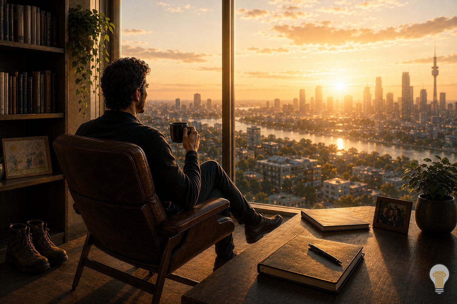 A thoughtful leader sits in a chair by a floor-to-ceiling window at sunrise, holding a coffee and overlooking a waking city. A notebook, family photo, books and boots suggest a life beyond work, illustrating the Stoic Futurist principle that sustainable leadership depends on restoring judgement, attention and capability before the demands of the day begin.