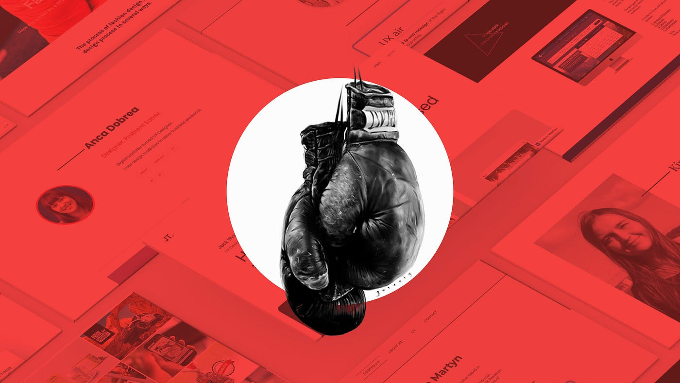A pair of worn black boxing gloves hang prominently in the centre, set against a red-tinted background showing faint designer portfolio screenshots, symbolising the contrast between polished portfolios and hard-earned personal struggles.