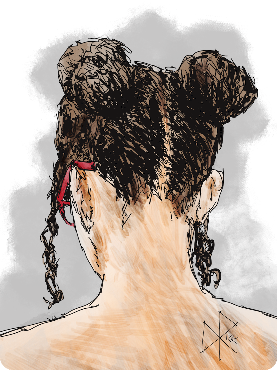 Close-up of the back of a woman’s head and shoulders, her hair tied up in buns. Peeking out from the opposite side of her skull, a fraction of the bright red frame of her glasses is visible. Sketch art by Don Rice. Close-up of the back of a woman’s head and shoulders, her hair tied up in buns. Peeking out from the opposite side of her skull, a fraction of the bright red frame of her glasses is visible. Sketch art by Don Rice.