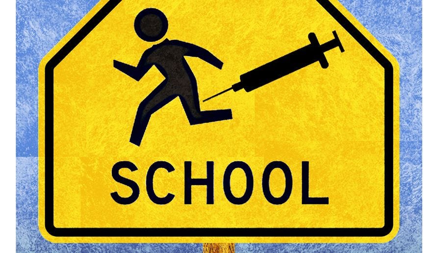 Illustration on the DC school COVID-19 vaccination mandate by Alexander Hunter/The Washington Times