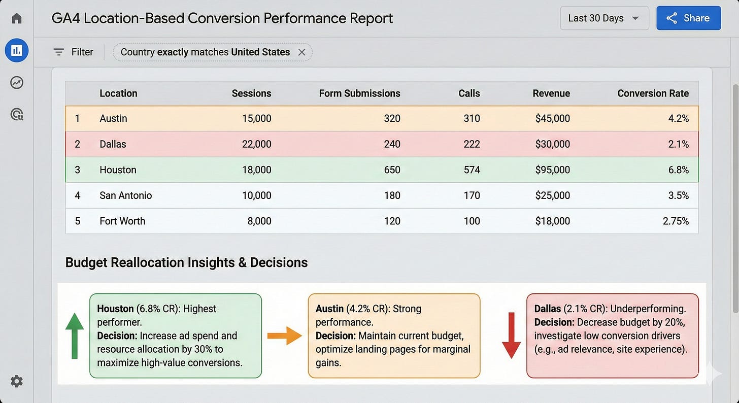 GA4 custom report showing sessions, calls, forms, revenue and conversion rate by location with Austin, Dallas and Houston compared for budget decisions