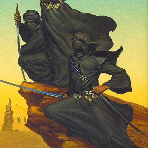 LEFT: Detail from KUTATH featuring a trio of black robed warriors looking out at the desert as a globe-shaped ship takes off. One is standing with arms crossed katana extended behind, another crouching with sword point down, and the third with knee bent sword relaxed at his side while he grips the sheath. CENTER: Figure detail from KUTATH focused on the foremost black robed warrior standing below his two companions who share a perch on rust colored rock. He holds his katana at his side horizontally pointed left while his offhand grips the sheath. His knee is bent, planted on the sloping rock as the tail of his robe billows in the wind. From his belt hangs metal tokens, one sun-shaped with the artist's sigil and others circles bordered with beads. RIGHT: Close detail from KUTATH featuring a robed figure in silhouette standing atop a rocky spire with arms flung wide as a globe-shaped spacecraft with four leg supports that serve as thrusters burns upward.